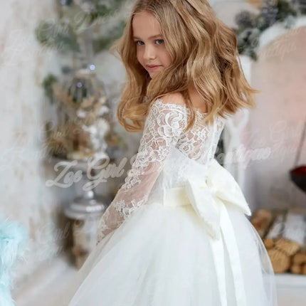 White Full Lace Long Sleeve Tulle Flower Girl Dress Back Bow Floor Length Kids First Holy Communion Wedding Birthday Custom Gown