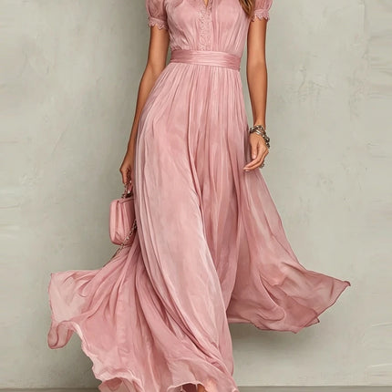 Vintage Solid Lace A-Line Long Dress Women's O Neck High Waist Pleated Party Dress Summer Short Sleeve Flowy Maxi Dresses