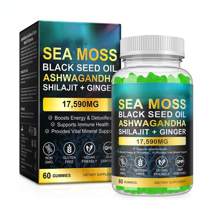 Sea Moss Black Seed Oil Ashwagandha Shilajit Gummies For Energy Boost & Immunity Digestion Stress Support, Adult, 60 Gummies