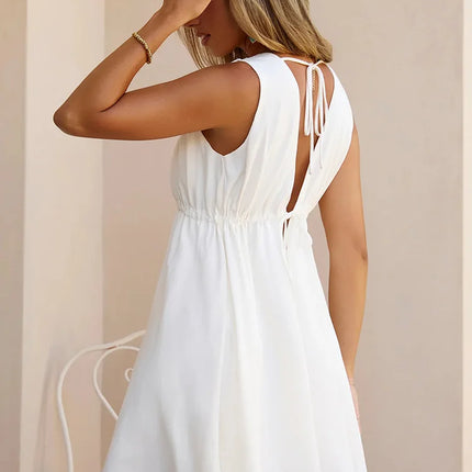 Rinabe Summer V Neck Solid Color Sleeveless Dresses Women Loose Beach Dresses New Fashion Sexy  Backless Beach Casual Clothes