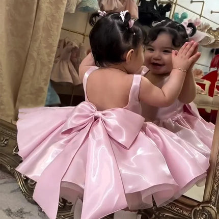 Wedding Mini Flower Girl Dress 2026 Satin Sleeveless Backless Bow Short Tutu Dress Baby Princess Dress Formal Party Dress Custom