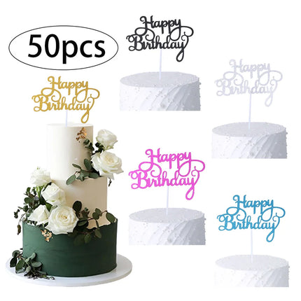 50PCS 5 Colors Happy Birthday Cake Toppers Glitter Birthday Cake Topper Cupcake Topper Cake Decorations Party Supplies