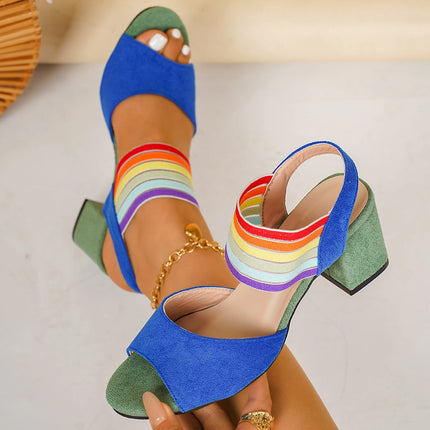 Casual Fashion Rainbow Strap Women Sandals 2026 New Style Large Size Shoes for Women Colorful Summer High Heels Sandals Women