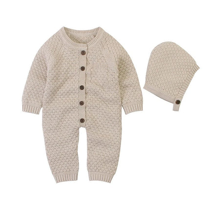 Unisex Baby Cotton Knit Romper with Hat for Fall & Winter Boys & Girls Solid Bodysuit Halloween Outward Long Sleeve Jumpsuit