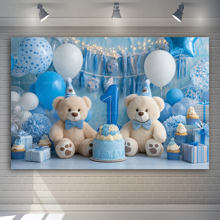 Cute Bear Balloon Blue Theme Banner Decoration Background, Children's Birthday Party, Home Decoration Photography Backdrop Cloth