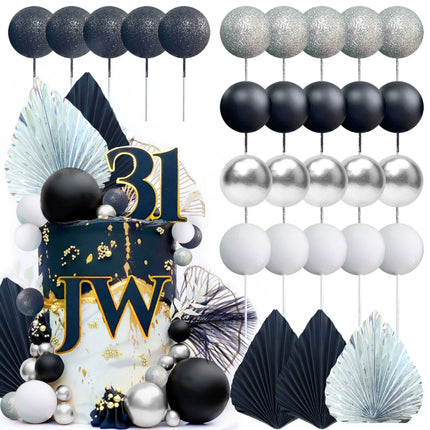 LaVenty Black Sliver Balls Cake Decoration Silver Palm Leaves Cake Decoration Goth Black Cake Topper for Birthday Wedding
