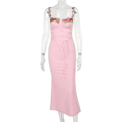 Y2K Sexy Sleeveless Backless Floral Maxi Long Dresses Outfits for Women Summer Lace Up Bandage Bodycon Party Club Dress Gift