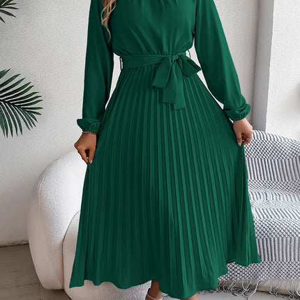 2025 Elegant Long Sleeve Fashion Dresses New Spring Women Belts Pleated Casual Solid Long Dress Casual A-Line Party Maxi Dresses