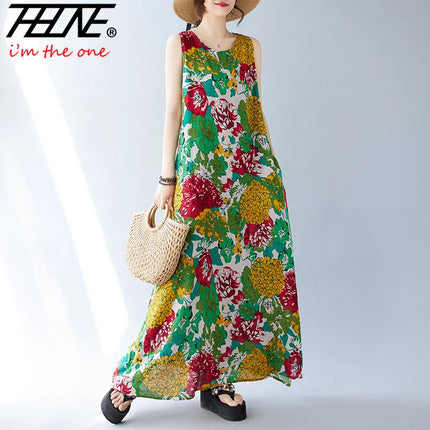 THHONE Summer Print Loose Women Robe Cotton Dress Sleeveless Casual Beach Style Long Ladies Womens Dresses Vestidos Para Mujer