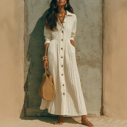Women Crinkle Solid Maxi Dress Lapel Collar Button Cardigan Long Sleeve Pocket Flowy Dress Fall Beach Travel Casual A-Line Dress