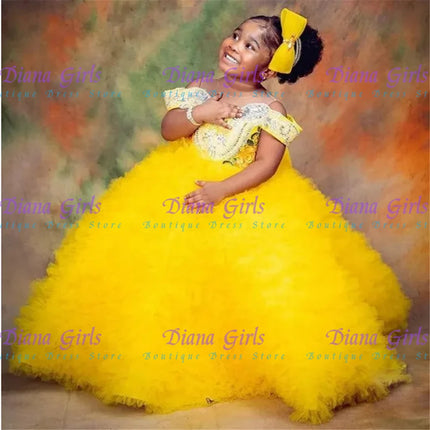 Quality Lovely Flower Girls Dress Tulle Tiered Ruffles With Big Bow Back Floor Length Kids Wedding Birthday Party Ball Gowns