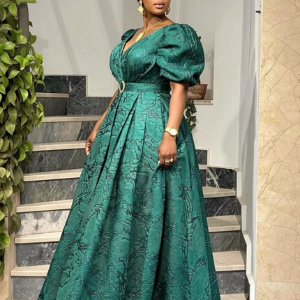 Women V Neck Puff Sleeve Maxi Dress Belted Waist A Line Ball Gown Dress For Formal Evening Party Occasion