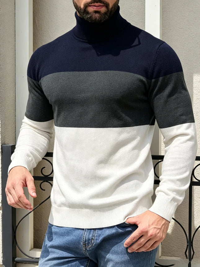 Men's Turtleneck Color Block Striped Sweater Long Sleeve Soft Warm Casual Pullover Knit Jumper