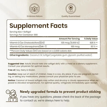 Vitamin D3 K2 Softgels with Coconut Oil, 5000 IU D3 & 100 mcg K2 MK-7, Daily Bone Wellness Support for Men & Women, 300 Count