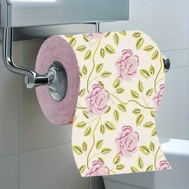 1 Roll Rose Printed Toilet Paper, Bamboo & Wood Pulp Creative Printed Roll Tissue for Home Bathroom