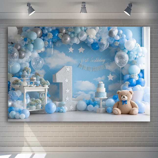 Cute Bear Balloon Blue Theme Banner Decoration Background, Children's Birthday Party, Home Decoration Photography Backdrop Cloth