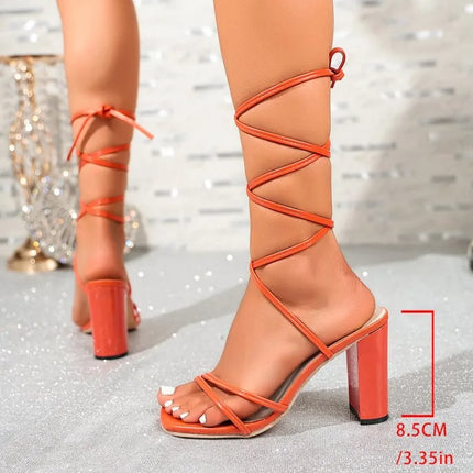 Women Lace Up Sandals Block Heel Strappy Cross Tie Ankle Wrap Square Open Toe Elegant Summer Casual Evening Party Footwear 2026