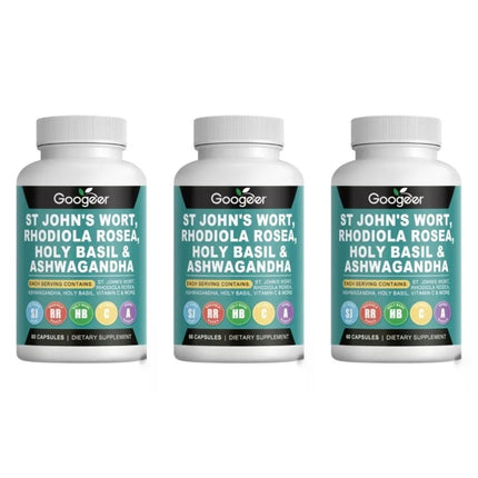 Googeer Rhodiola Rosea Capsule with St John's Wort  Ashwagandha and Holy Basil Extracts Mood Support for Women and Men 60 Caps