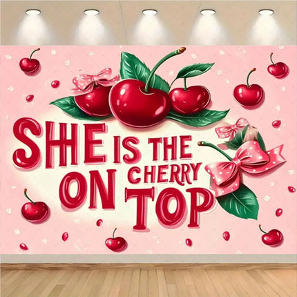 Checkered Cherry Butterfly Bow Theme Banner Background, Children's Birthday Party, Room Decoration Photography Background Cloth
