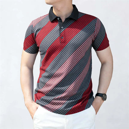Men's Casual Color-blocked Striped Polo Shirt Business Casual 2026 Summer Stripe Print Polo Classic Style Outdoor Breathable