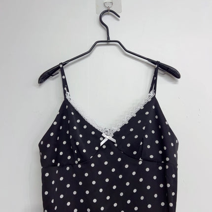 Y2K Summer Women Fashion Black V-neck Lace Trim Sweet Polka Dot Dress 2000s Elegant Spaghetti Strap Bodycon Mini Dresses Clothes