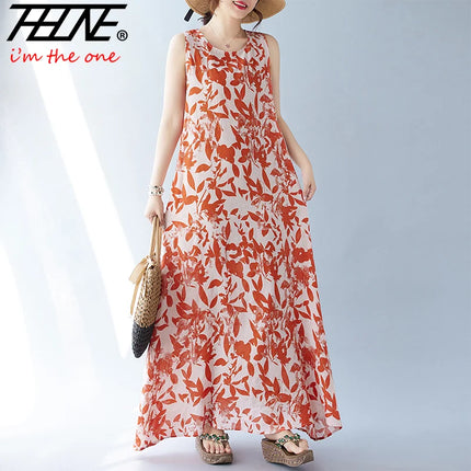 THHONE Summer Print Loose Women Robe Cotton Dress Sleeveless Casual Beach Style Long Ladies Womens Dresses Vestidos Para Mujer