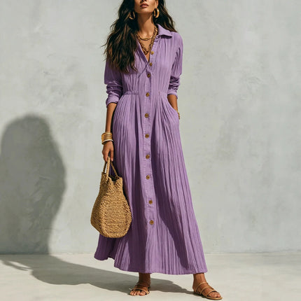 Women Crinkle Solid Maxi Dress Lapel Collar Button Cardigan Long Sleeve Pocket Flowy Dress Fall Beach Travel Casual A-Line Dress