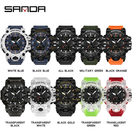 SANDA Dual Display Men Watches Waterproof Sports Watch Military Man Alarm Stopwatch Quartz Wristwatch Male LED Digital Clock6126