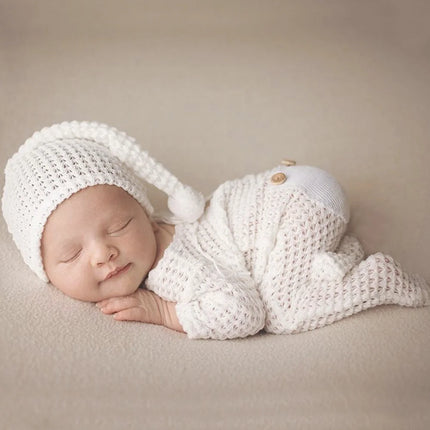 Ylsteed Newborn Photography Props Baby Bodysuits Outfit Shoot Newborn Photo Outfits Buttons Pocket Romper with Pom Sleepy Hat-HD