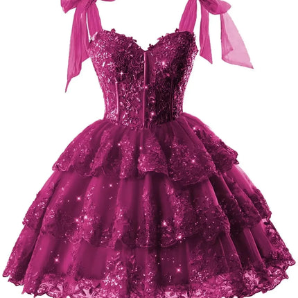 Sparkly Tiered Lace Tulle Homecoming Dresses Short Bow Straps Formal Prom Gowns Sweet 16