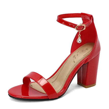 Women High Heels Sexy Sandals Open Toe Patent Leather Thick Heel Bridal Party Shoes Ladies Buckle Strap Gladiator Sandals Red