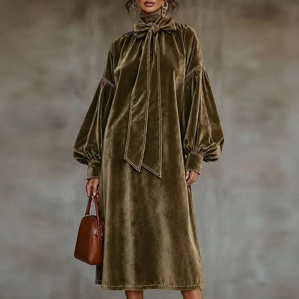 Women Solid Velvet Maxi Dress Bow Tie High Neck Lantern Long Sleeve Loose Dress Elegant Fall Winter Office Evening Party Dresses