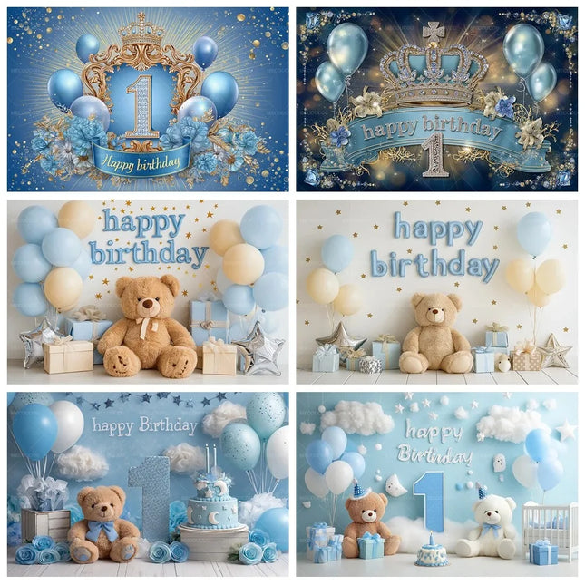Cute Bear Balloon Blue Theme Banner Decoration Background, Children's Birthday Party, Home Decoration Photography Backdrop Cloth