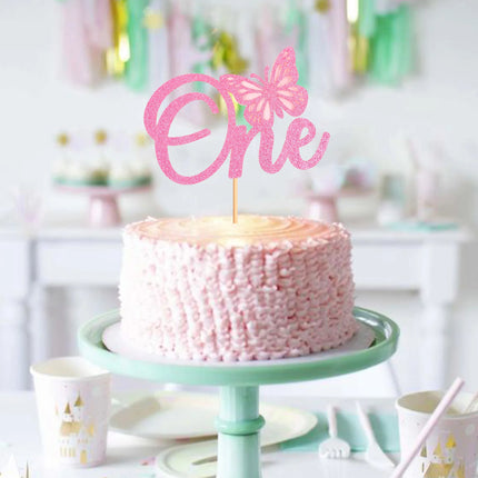 One With Butterfly Cake Topper Bowtie Happy Birthday Anniversary Kids Adult Pink Cupcake Baking Decor Party Flag One Year Old