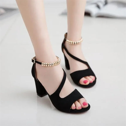 Women Suede High Heeled Shoes Summer 2026 New Woman Fashion Open Toe Sandals Beaded Buckle Solid High Heel Sandals Zapatos Mujer