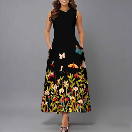 Women Sleeveless Long Maxi Dress With Pockets 3D Oil Painting Print Casual Loose Summer Vacation Party Sundress