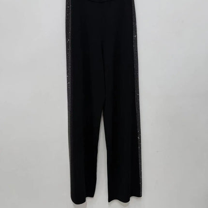 Autumn and Winter New Fashionable Double-Sided Rhinestone Striped Elastic Waist Black Long Casual Pants for Women