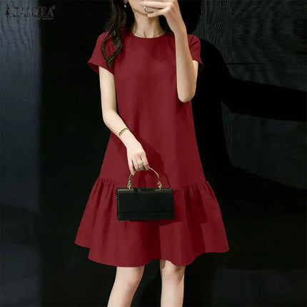 2026 Summer Sundress ZANZEA Women Solid Color Dress Elegant Ruffled Work Dresses Stylish Casual Holiday Party Knee Length Robe