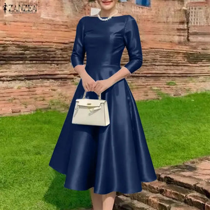 ZANZEA Elegant Satin Black Party Midi Dresses Women's Boatneck 3/4 Sleeve Fit and Flare A-Line Dress Wedding Guest Woman Clothes