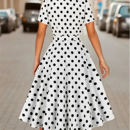 Woman Summer Elegant Midi Dress Fashion Polka Dot Print Short Sleeves High Waist Dresses Ladies Beautiful Square Collar Vestidos