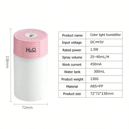 1 Pack 300ml Colorful Mini Humidifier 2 Speeds Auto Shut Off USB Portable for Car Home Large Capacity