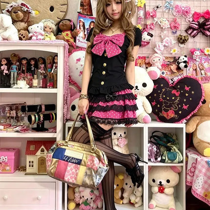 Himekaji Women's Dress Slim Y2k Polka Dot 2Piece Set Bow Top+Mini Skirt Punk Goth Basics Dresses Harajuku Summer Japanese Kawaii