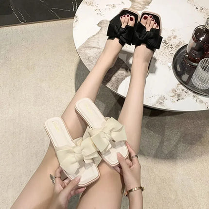 Casual Soft Sole Bowknot Slippers PVC Anti Slip Flat Slides Sandals Sweet Shoes Slippers Women Summer