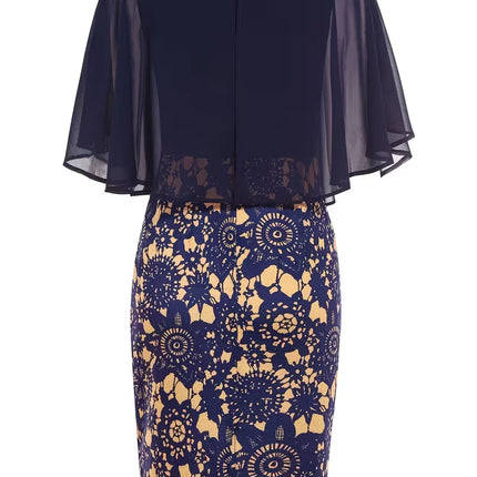 Women Elegant Crew Neck Cape Sleeve Summer Slim Work Cocktail Evening Party Knee Length Bodycon Pencil Dress