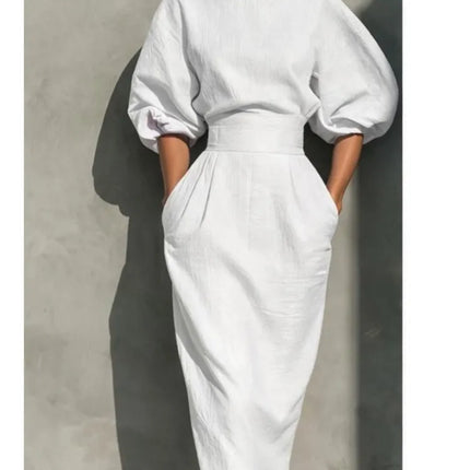 Elegant Women O-neck Lantern Sleeve Pocket Midi Dress Spring Summer Fashion Solid High Waist Pleated Wrap Hip Holiday Dresses