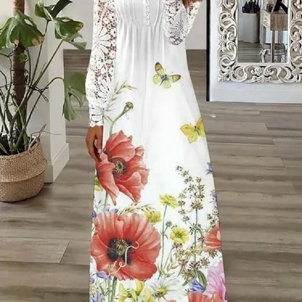 Spring/Summer Fashion Women's Long Sleeve Printed Lace Dresses Elegant Woman White V-neck Slim Fit Party Long Maxi Vestidos 3XL