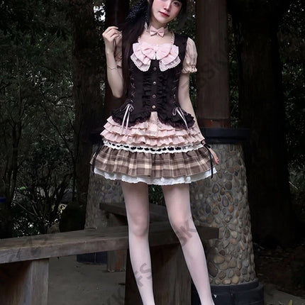 Summer Women's Casual Dresses Japan Sweet Fashion Y2k Lolita Dresses 3-Piece Set 2000s Clothes Vintage Vest Bow Sexy Skirt Party