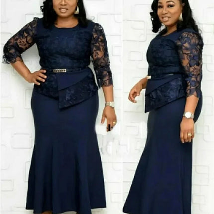 4XL 5XL Plus Size 2025 Christmas Dresses Women O Neck 3/4 Sleeve Long Maxi Dress Fashion Lace Patchwork Night Party Dress
