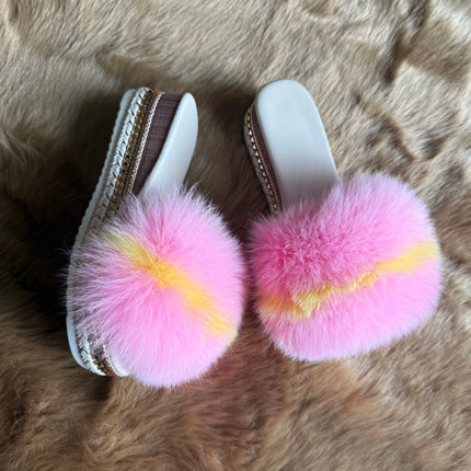 Fluffy Furry Fox Fur Slippers for Women Studded High Heels Winter Warm Plush Home Slippers Woman Outdoor Platform Shoes Slides