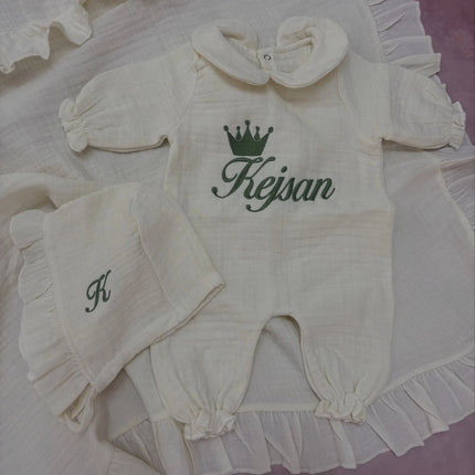 Personalized Baby Romper Babygrow Custom Embroidered Pit De Velvet Infant One Piece Set with Matching Hat Name Baby Outfit